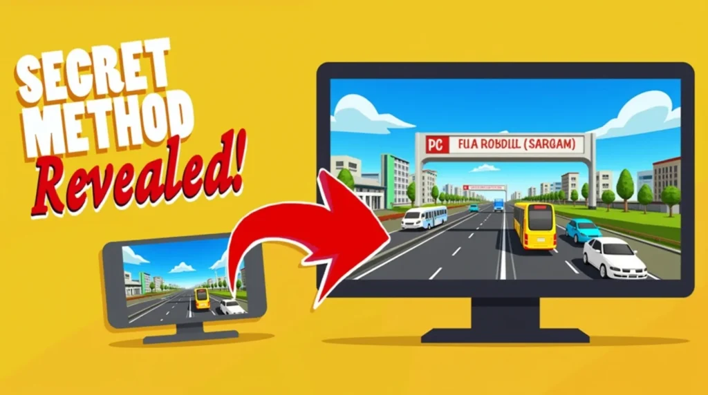 A vibrant screenshot of Bus Simulator Indonesia gameplay on PC, featuring a detailed Indonesian city bus driving through tropical roads with a 'Download Now' button overlay.