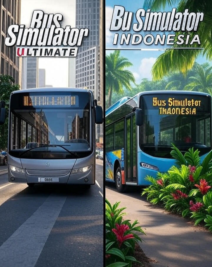 A split-image comparison featuring two buses from Bus Simulator Ultimate and Bus Simulator Indonesia. The left side shows a sleek bus on a modern city street with tall buildings, while the right side displays a colorful bus on a tropical road with lush greenery and flowers, highlighting the graphics and realism differences between the two games.