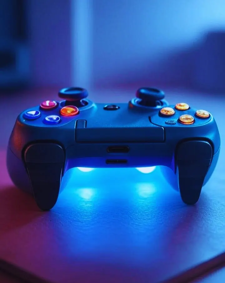 A young man with an excited expression holding a handheld gaming device displaying an intense action game, with a close-up of a glowing blue game controller featuring colorful buttons.