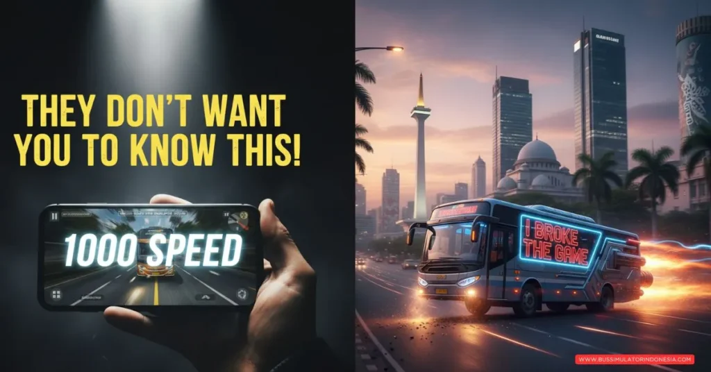 A photorealistic bus launching like a rocket at incredible speed in an Indonesian city, promoting the 1000 speed bus mod for Bus Simulator Indonesia.
