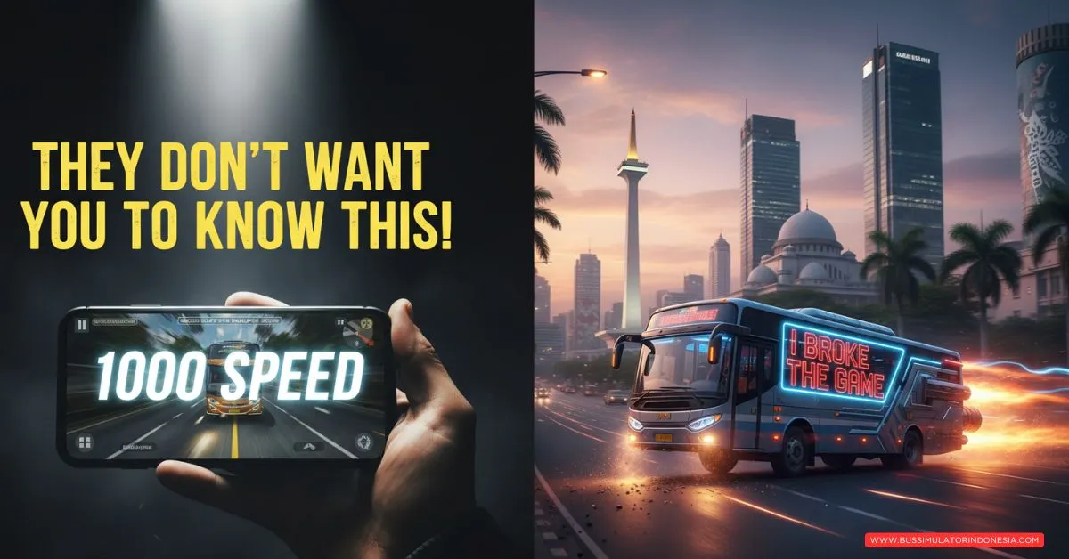 A photorealistic bus launching like a rocket at incredible speed in an Indonesian city, promoting the 1000 speed bus mod for Bus Simulator Indonesia.