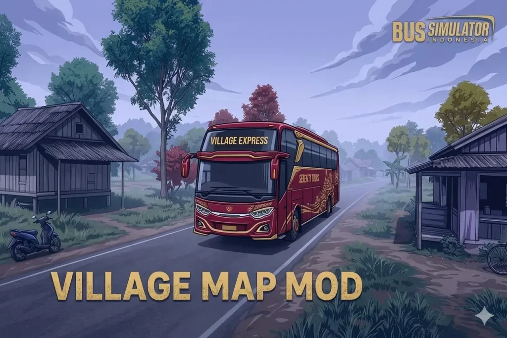 Bus Simulator Indonesia Village Map Mod showing a yellow bus driving on a narrow rural road between green rice fields and traditional wooden houses in an Indonesian village