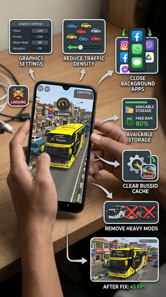 bussid lag fix showing low FPS graphics settings cache background apps and heavy bus mods