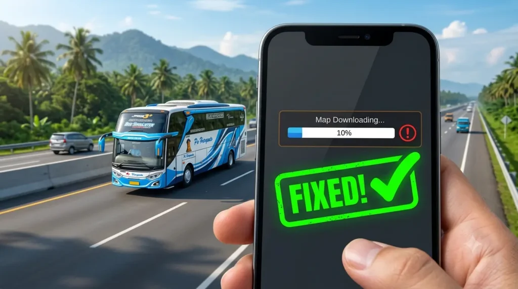 BUSSID map not downloading problem fix on smartphone screen with green fix button