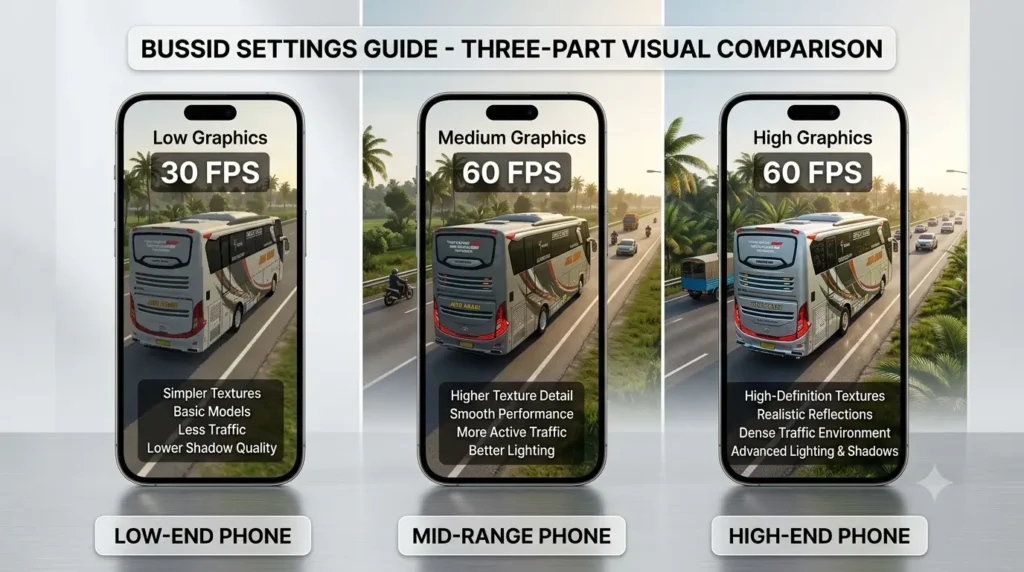 BUSSID graphics settings for low mid and high-end phones